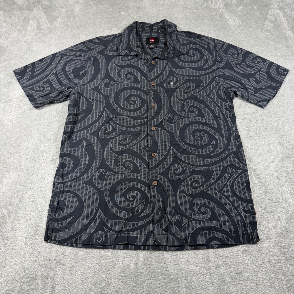Quiksilver Button Up Shirt Mens Small Black Gray Tribal Print Short Sleeve